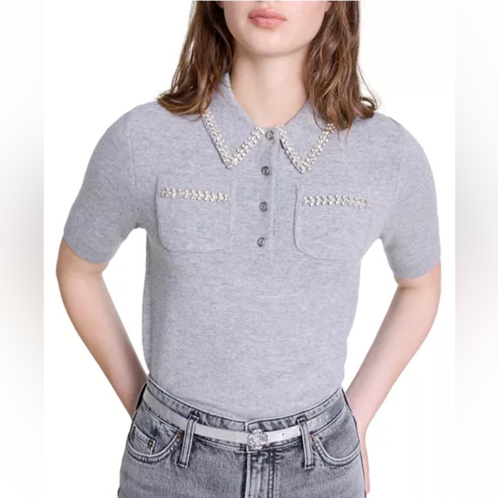 Maje Wool Mylenva Rhinestone Trim Polo Sweater / Size 0